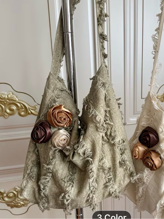 Handbags - Shabby Chic Fringed Floral Accent Tote Bag - Beige or Cream